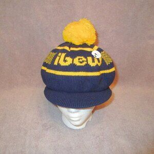 Vtg USA Union Made IBEW Tam O'Shanter Wool Hat Knit Visor With Pom NOS 50s 60s